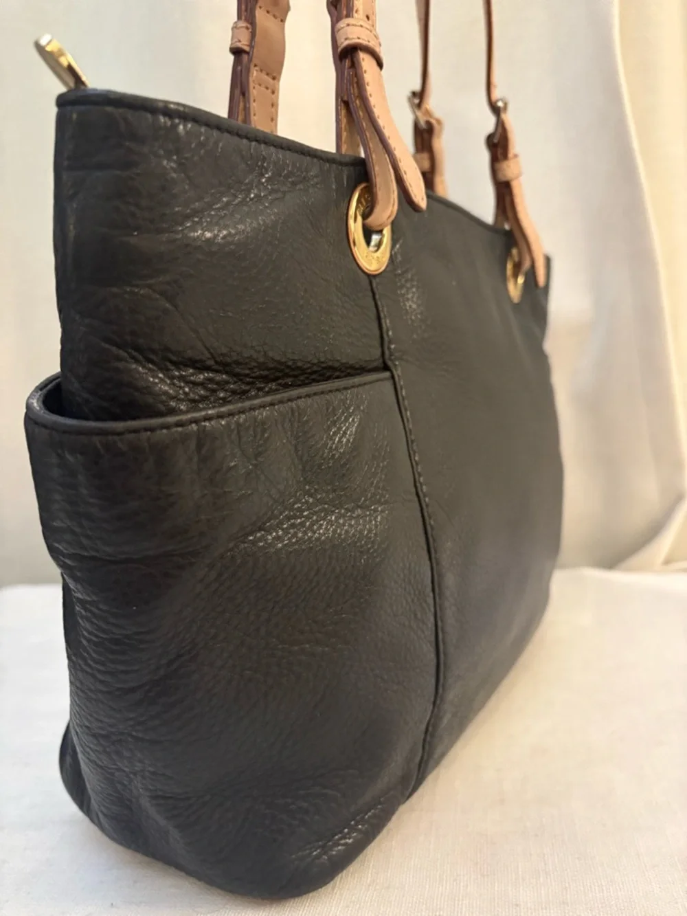 Michael Kors Black Pebbled Leather Jet Set Tote Shoulder Bag Gold Hardware LG